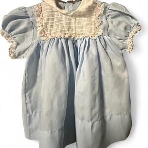 9-12 months handmade vintage blue and white baby girl dress lace collar